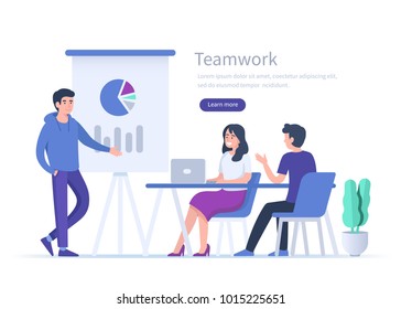 Business teamwork concept banner with text place. Man making presentation on conference.  Flat style vector illustration isolated on white background.