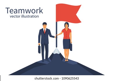 Business teamwork concept. Businessman and businesswoman keep the victorious flag on top of the mountain. Vector illustration flat style design. Working together, cooperation, partnership. 