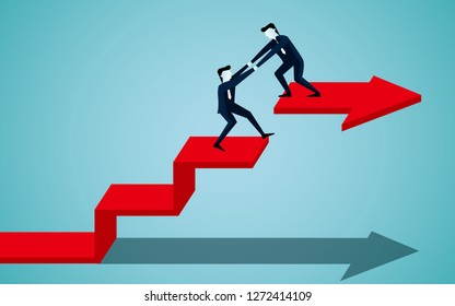 Business teamwork concept. businessman is helping to pull one more person up to on the red ladder arrow. to achieve the ultimate goal. leadership. illustration cartoon vector