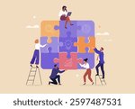 Business Teamwork concept. Contemporary flat style abstract vector illustration of a company of diverse people putting together a huge puzzle details. Isolated on background