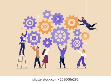 Business Teamwork concept. Contemporary flat style abstract vector illustration of a company of diverse people establishing a work process in gears. Isolated on background