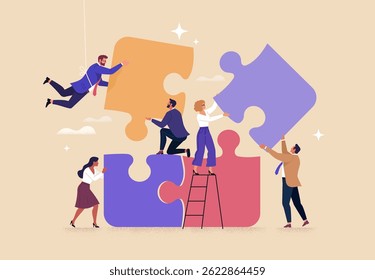 Conceito de trabalho em equipe empresarial. Contemporâneo estilo plano abstrato vetor ilustração de um grupo de pessoas diversas, reunindo um enorme quebra-cabeça detalhes. Isolado no plano de fundo