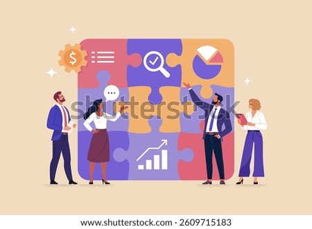 Business Teamwork concept. Contemporary flat style abstract vector illustration of a group of diverse people discussing with a completed puzzle in the background.