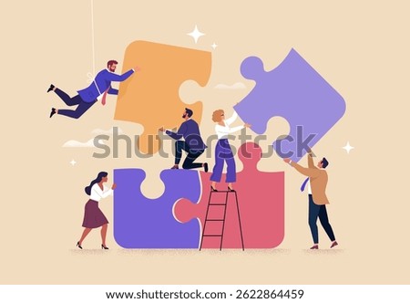 Business Teamwork concept. Contemporary flat style abstract vector illustration of a group of diverse people putting together a huge puzzle details. Isolated on background