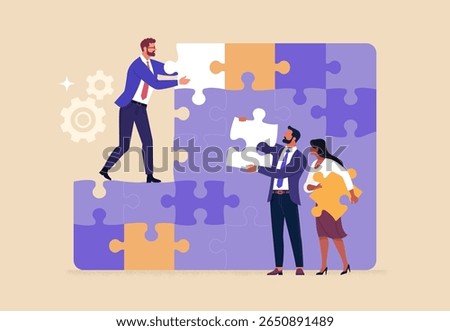 Business Teamwork concept. Contemporary flat style abstract vector illustration of a group of diverse people putting together a huge puzzle details. Isolated on background