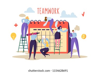 Business Teamwork Concept. Flat People Characters Working Together and Planning Schedule on Desk Calendar. Vector illustration