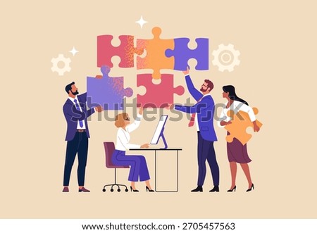 Business Teamwork Concept. Group of office workers assembling large puzzle pieces, symbolizing cooperation, project collaboration, problem solving, and joint effort in a modern business environment.