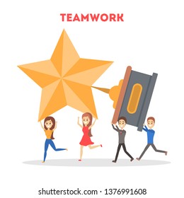 Business teamwork concept. Idea of partnership and cooperation. Connection and communication, unity and solution. People carry award. Isolated flat vector illustration