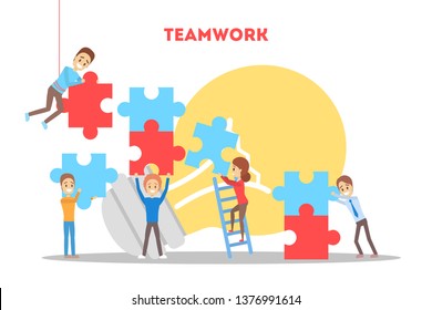 Business teamwork concept. Idea of partnership and cooperation. Connection and communication, unity and solution. People with puzzle. Isolated flat vector illustration