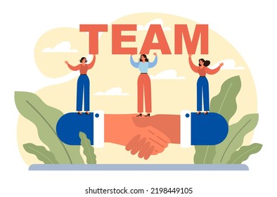 Concepto de trabajo en equipo de negocios. Idea de asociación y cooperación en el camino hacia el éxito, los beneficios empresariales y el crecimiento financiero. Ilustración vectorial plana