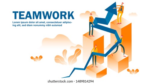 Business teamwork concept illustration. Flat people characters working together and holding graph arrow on the way to success. Financial success, cooperation, collaboration with work hard. - Vector