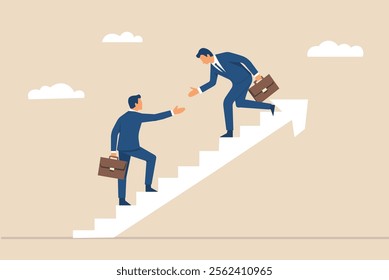 "Business teamwork concept illustration of two professionals on stairs, symbolizing mentorship, collaboration, leadership, support, and career growth in a corporate environment."