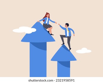 Business teamwork concept. Leader or manager help each other climb the arrows to reach the goal. Helping each other to climb arrow of success. Modern flat vector illustration.