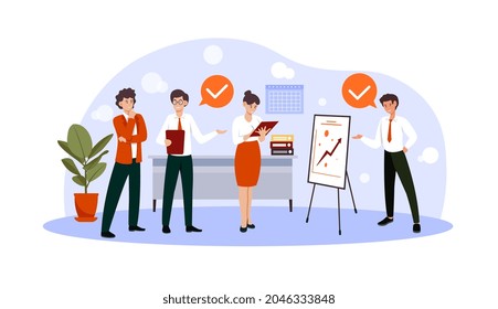 Business teamwork concept. Men and women in office planning strategy for promoting company. Employees serve and communicate with partners. Cartoon flat vector illustration isolated on white background