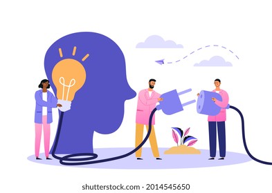 Business and teamwork concept. Network connection, brainstorming, light bulb lights up as creative idea. Metaphor for working together to achieve results. Flat vector illustration on white background
