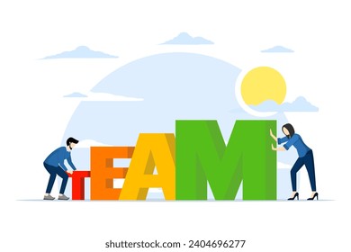 Business teamwork concept. business people arrange boxes with team writing on them. Flat design style vector illustration. Symbol of teamwork, cooperation, partnership. flat vector illustration.