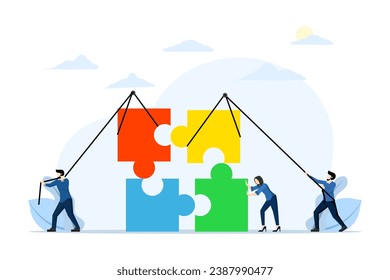 Business-Teamwork-Konzept. Menschen mit Lösungs-Rätsel, die Business, Teamwork, Unternehmenszusammenarbeit, gemeinsame Projektarbeit, flache Vektorgrafik auf weißem Hintergrund darstellen.