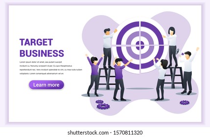 Business teamwork concept. People working together pushing a pieces of big target. goal achievement, leadership, partnership, Team work. Flat vector illustration