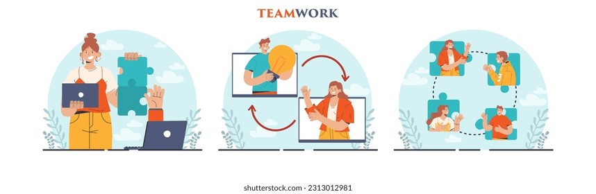 Business teamwork concept set. Idea of partnership and cooperation on the way towards a success, business development and financial growth. Flat vector illustration