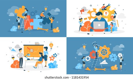 Business teamwork concept set. Office characters work in team with puzzle, gear, making presentation and work on computer. Isolated vector flat illustration