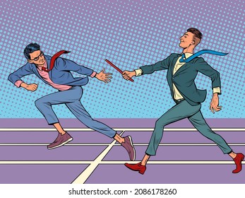 Business Teamwork Concept. Sports Relay, Passing The Baton, Men Athletes Race