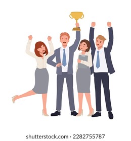 Business Teamwork concept. Successful team of four people won a trophy. diverse people. Business team Flat vector cartoon illustration