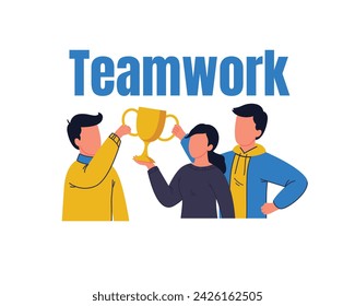 Business Teamwork concept. Successful team of three won a trophy. Flat cartoon vector illustration.