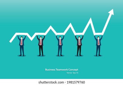 Concepto de trabajo en equipo de negocios. Equipo de cinco personas de pie y con indicador de crecimiento y desarrollo en negocios comunes en manos alzadas. Ilustración de vectores plana