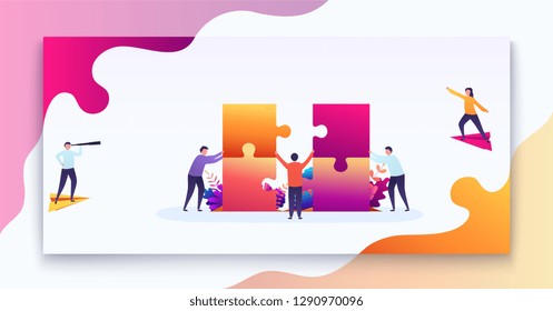 Business teamwork concept. Team of people connects parts of puzzles, purpose of thinking, business decision. Modern vector illustration concept for web design