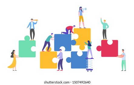 Business Teamwork Concept. Tiny Characters Connecting Puzzle Pieces. Creative Solutions, Collaboration and Partnership with People Working Together. Vector illustration