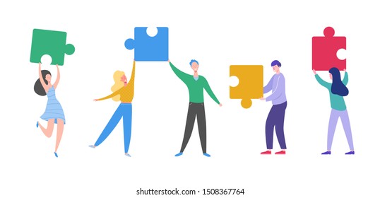 Business Teamwork Concept. Tiny Characters Connecting Puzzle Pieces. Creative Solutions, Collaboration and Partnership with People Working Together. Vector illustration