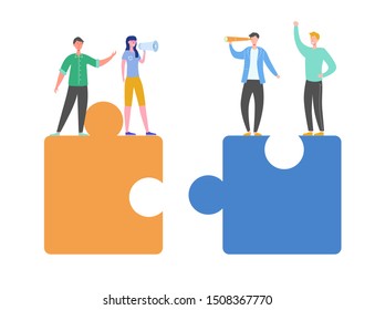 Business Teamwork Concept. Tiny Characters Connecting Puzzle Pieces. Creative Solutions, Collaboration and Partnership with People Working Together. Woman with Megaphone. Vector illustration