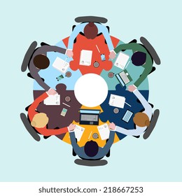 Business teamwork concept top view group people on table holding hands vector illustration
