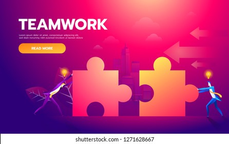 Business teamwork concept. Two businessmen connecting puzzle elements. Vector illustration flat style design metaphor. Combining two pieces. Symbol of working together, cooperation, partnership