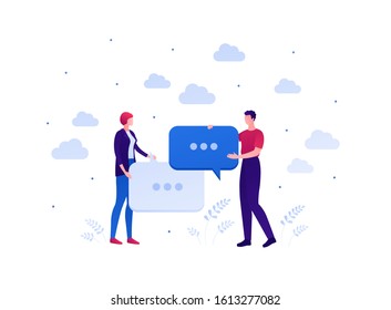 Business teamwork concept. Vector flat person illustration. Couple of male and female holding talk bubble commucation sign isolated on white. Design element for banner, background, infographic.