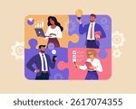 Business Teamwork Concept. Vector illustration in flat style of puzzle pieces with different people in business suits in each - performing different work tasks. Isolated on background.