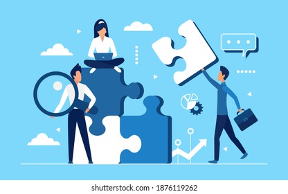 Business teamwork concept vector illustration. Cartoon businessman and businesswoman work, office workers collect puzzle jigsaw together, building partnership strategy and integration flat background