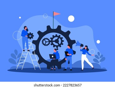 Concepto de empresa y trabajo en equipo de ilustración vectorial, escasas relaciones de personas de mecanismo, mecanismo de negocios, personas dedicadas a la promoción de empresas, análisis de estrategias.