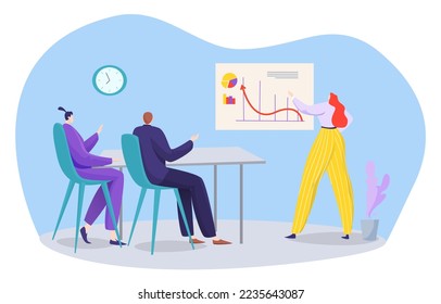 Business teamwork concept, vector illustration, flat people character use financial graph, woman show marketing chart technology team at table.