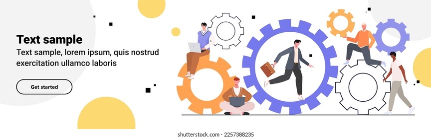 Business teamwork concept of vector illustration. Work operations and teamwork productivity, solution and innovation analysis, consulting, project management. Gear wheel, mind, thinking. Cartoon Flat 