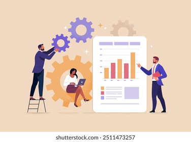 Business Teamwork Concept. Vector illustration in flat style of a group of people working on a common project with gears and an analytics dashboard. Isolated on background