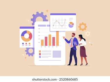 Business Teamwork Concept. Vector illustration in a flat style of two people discussing a project with an analytics dashboards. Isolated on background.