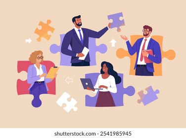 Business Teamwork Concept. Vector illustration in flat style of a group of diverse people in business suits putting together pieces of a puzzle. Isolated on background.