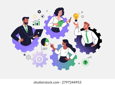 Business Teamwork Concept. Vector illustration in flat style of a mechanism consisting of gears and diverse business people discussing an idea. Isolated on background.