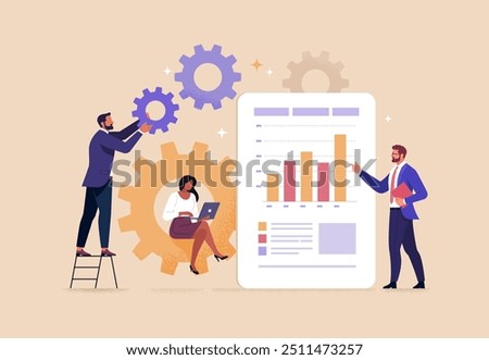 Business Teamwork Concept. Vector illustration in flat style of a group of people working on a common project with gears and an analytics dashboard. Isolated on background