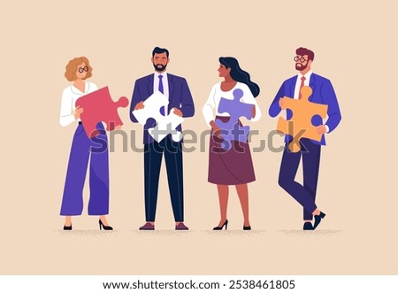 Business Teamwork Concept. Vector illustration in a flat style of diverse smiling people standing at full height with puzzle pieces in their hands. Isolated on background.