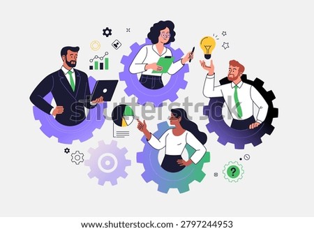 Business Teamwork Concept. Vector illustration in flat style of a mechanism consisting of gears and diverse business people discussing an idea. Isolated on background.