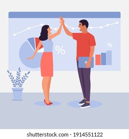 Business teamwork concept.Businessman giving high five to his partner businesswoman. Business concept of cooperation, partnership, celebration, enjoyment. 