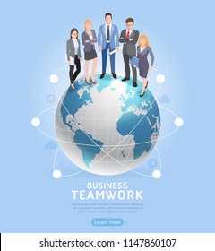 Business Teamwork concepts. Businessman and businesswoman standing on globe. Vector illustration.
