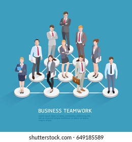 Business Teamwork Concepts. Business People Standing At Dots And Connected Lines. Isometric Vector Illustration.